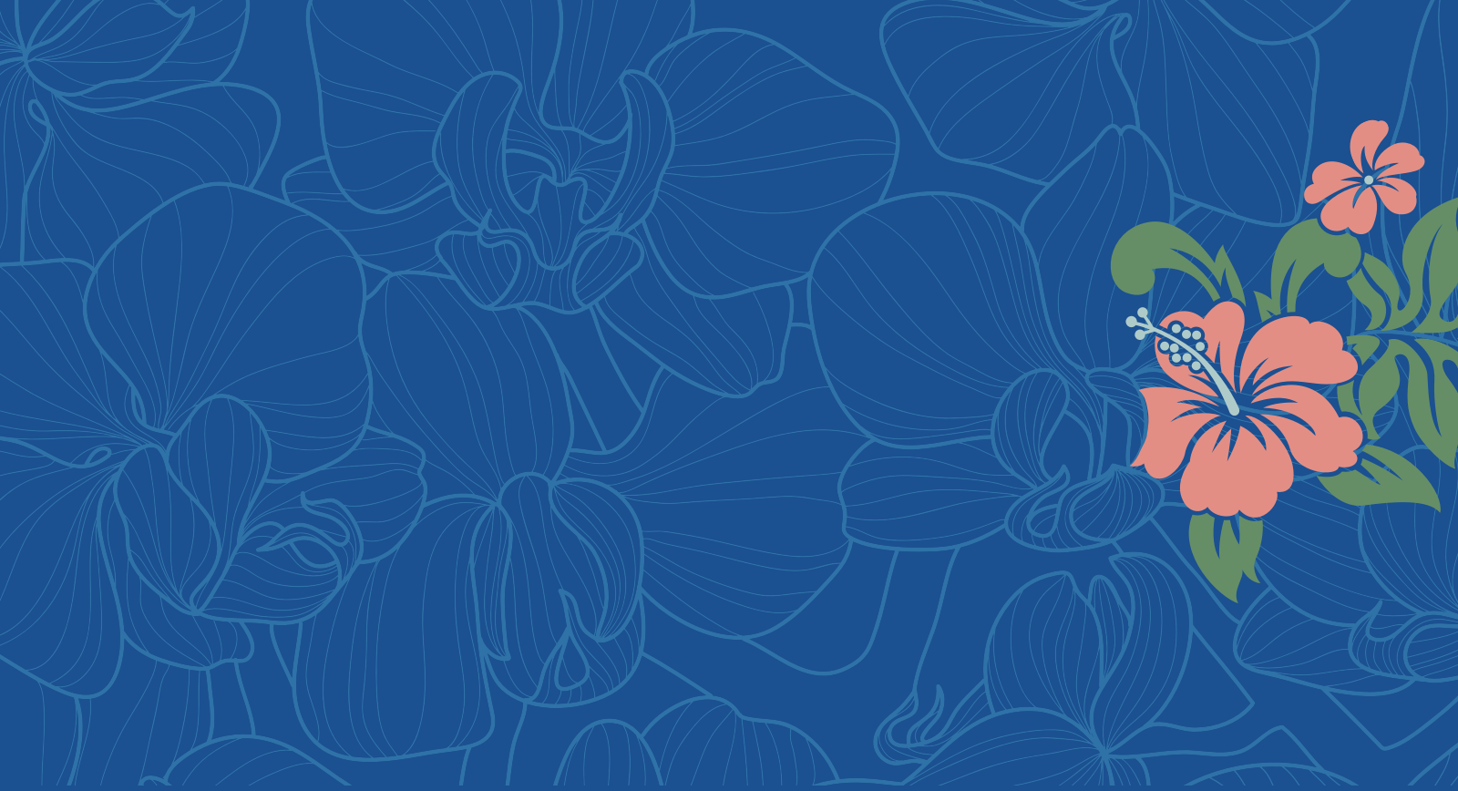 Decorative background illustration of a blue flower pattern and one colored flower