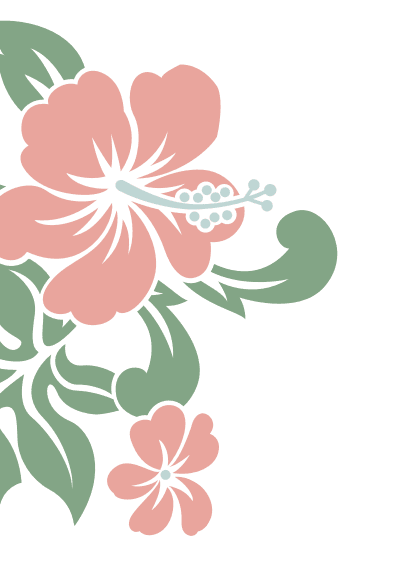 Decorative illustration of two pink island flowers with green leaves