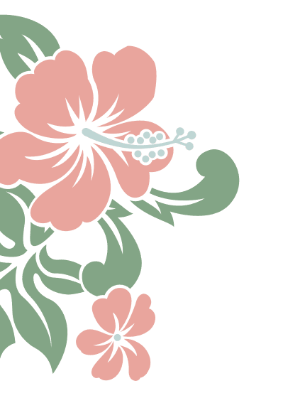 Decorative illustration of two pink island flowers with green leaves