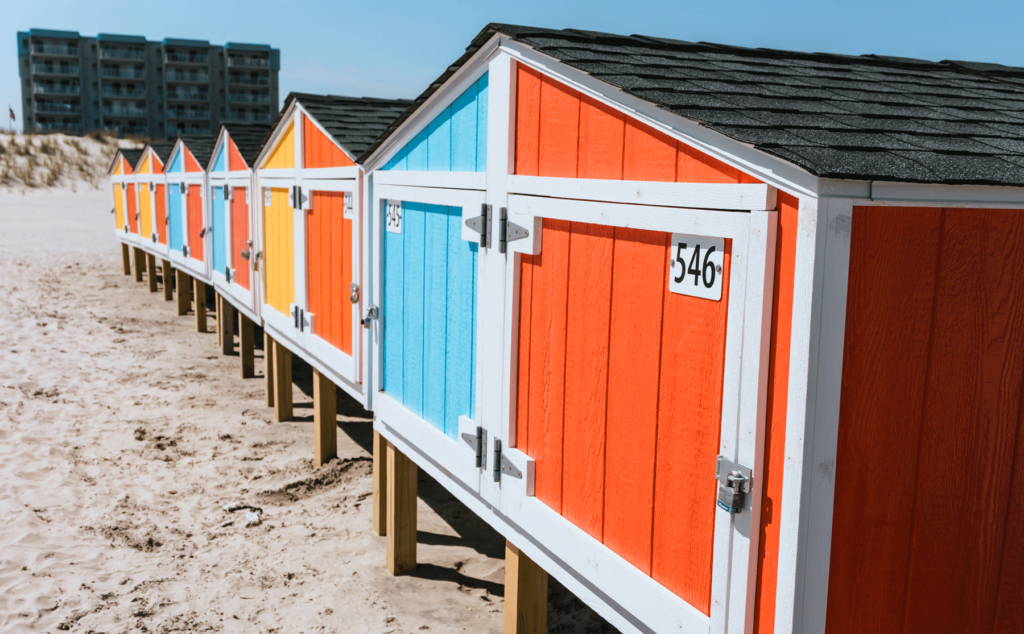 Brightly colored beach lockers near our Diamond Beach hotel