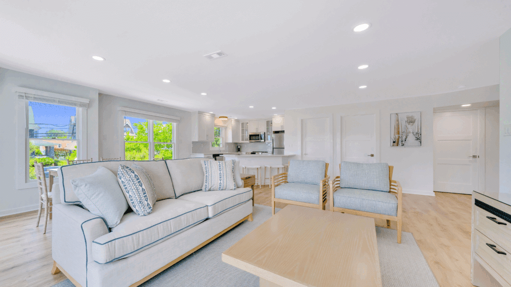 Living room in the townhome at Mahalo's Cape May, New Jersey hotel on the beach