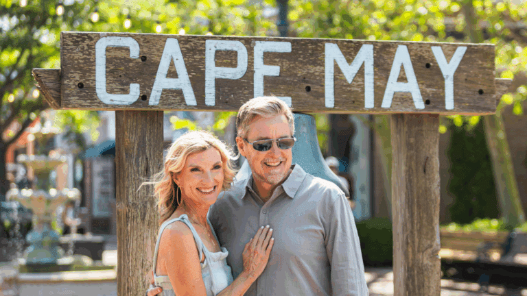 Couple posing in front of a Cape May sign